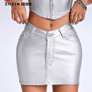 NWT SHEIN ICON Women’s Summer Silver Metallic Bodycon Mini Skirt Size 6 Medium